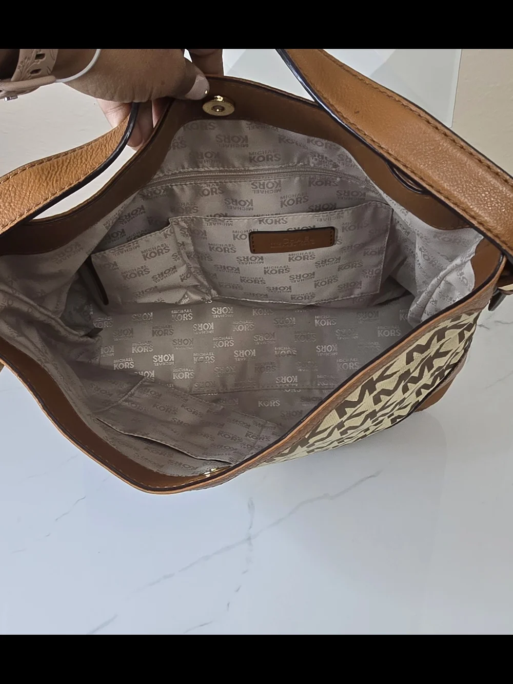 Michael Kors Large Logo Jacquard Hobo Shoulder Bag Tan Brown MK Monogram